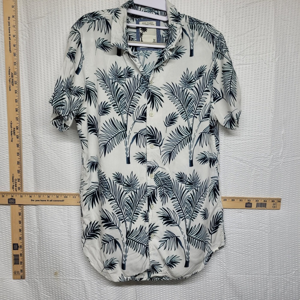 Free Planet Mens Tropical Palm Tree Print Button Down Shirt White Navy Blue M